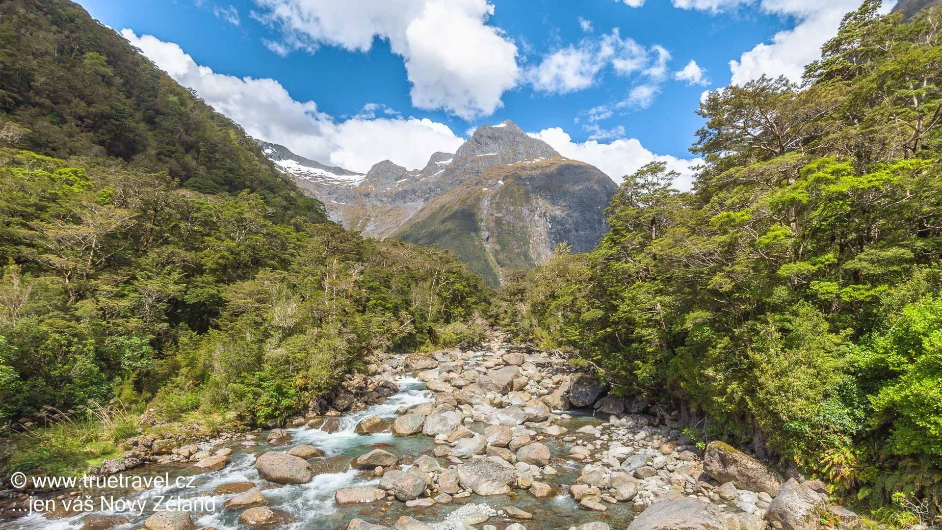 Řeka Donne, silnice do Milford Sound, Fiordland, Nový Zéland